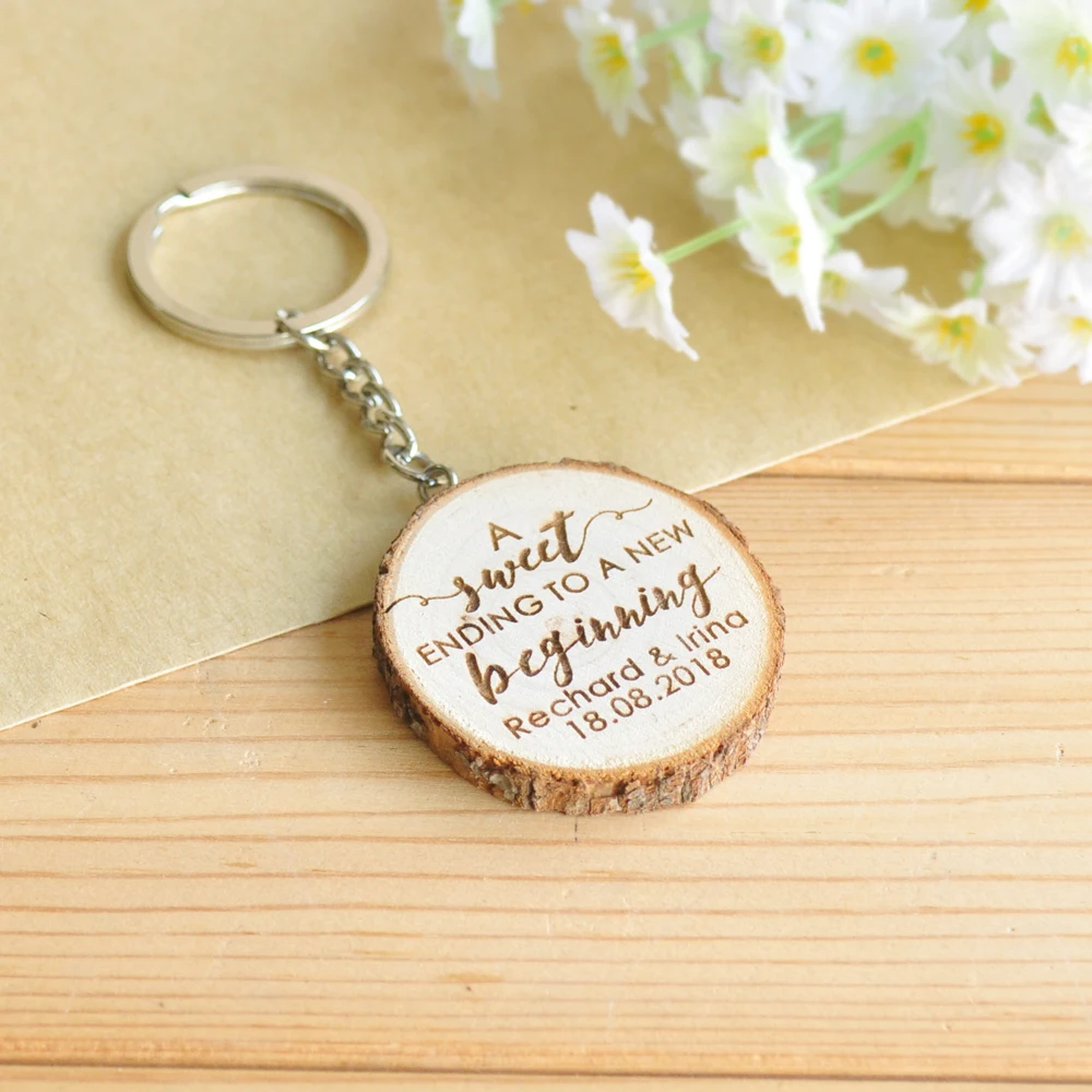 Personalized Wooden Keychain Key Ring, Personalized Wedding Favours Thank You Cards, Custom Wedding Gifts, Wedding Guest Gifts