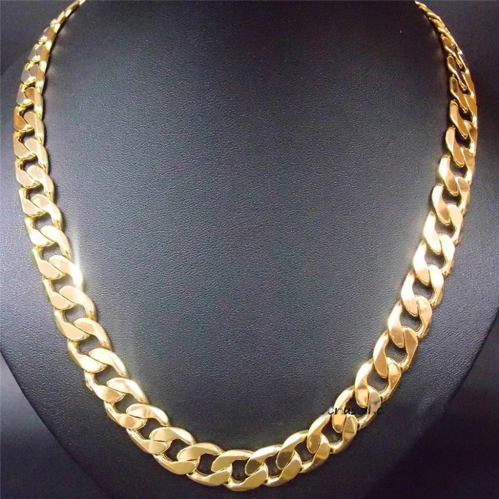 

24" 12mm 24k yellow gold filled men's necklace curb chain jewelry (STAMPED)