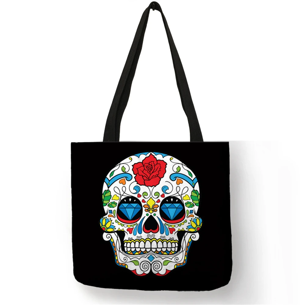 Floral Skull Print Linen Tote Bag Reusable Shopping Bags Folding Women Casual Handbags Lady Fabric Tote Bags - Цвет: 010