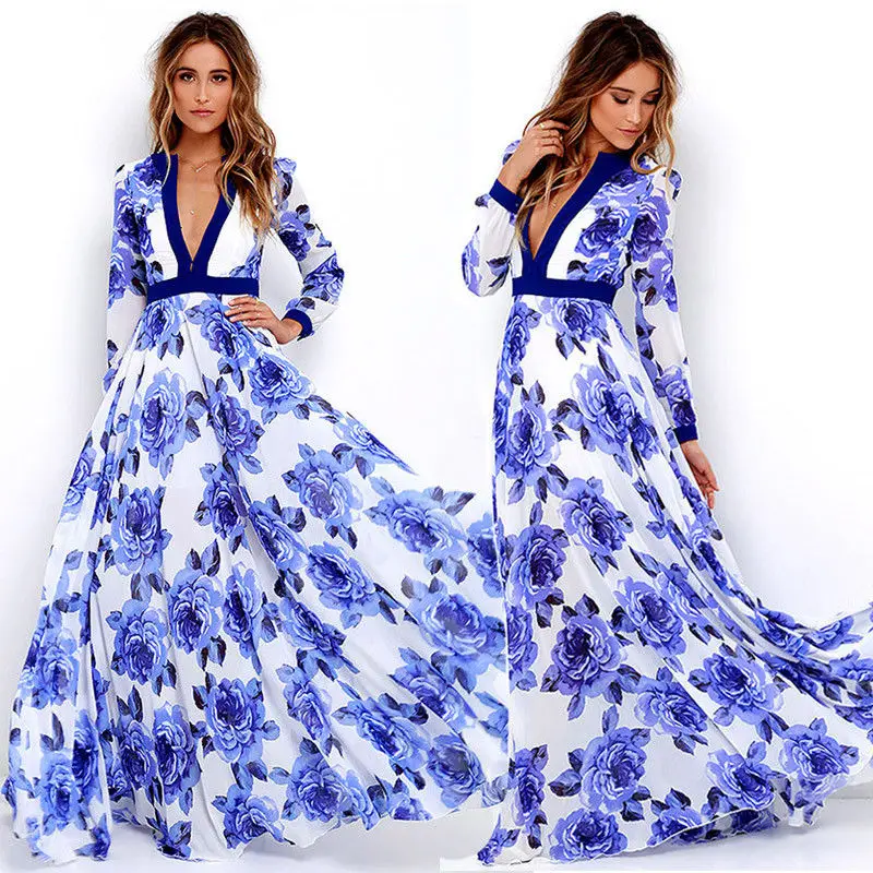 Женское пляжное платье с V образным вырезом и цветочным принтом|boho maxi|sundresses womenflower