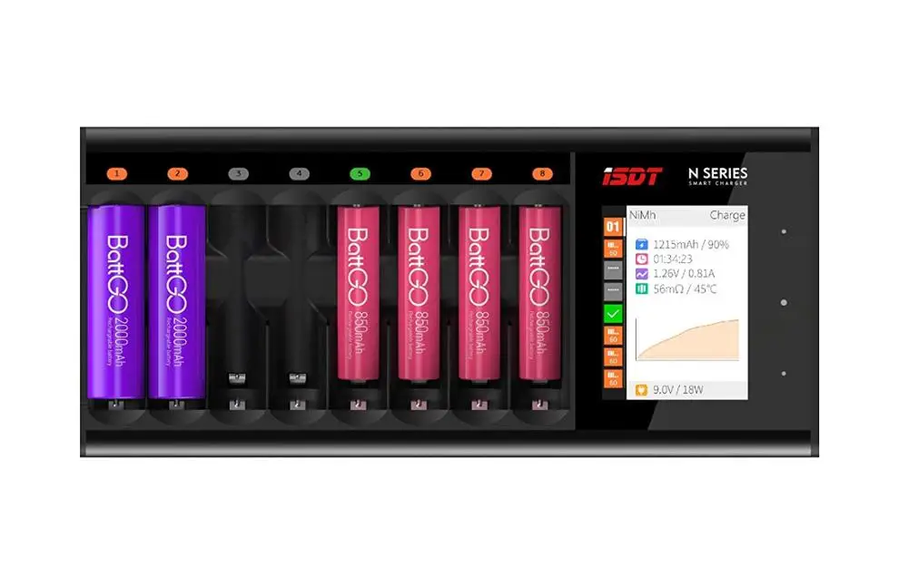 

ISDT N8 8 Slots AAA AA Battery Chargers LCD Display Smart battery Quick Charger Li-ion Life Ni-MH Ni-Cd C SC