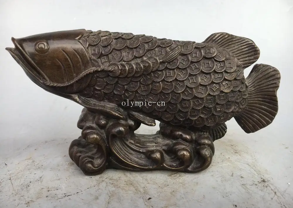

9'' Fine Copper Bronze home fengshui decor carved coin wealth fish statue