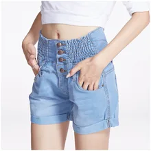 Холила Мода г. 4 кнопки Ретро эластичный Шорты с высокой талией Джинсовые шорты для Для женщин свободные плюс Размеры синие джинсовые шорты 26-40