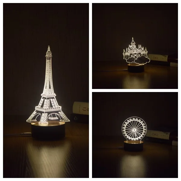 Lampada 3D Lampada da notte a LED Torre Eiffel Lampada da notte in legno arylic Lampada da tavolo per controllo della luce per la camera dei bambini Decorare 