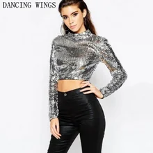 Женский летний топ с серебряными блестками, женские футболки с коротким рукавом, сексуальные короткие футболки с открытым пупком