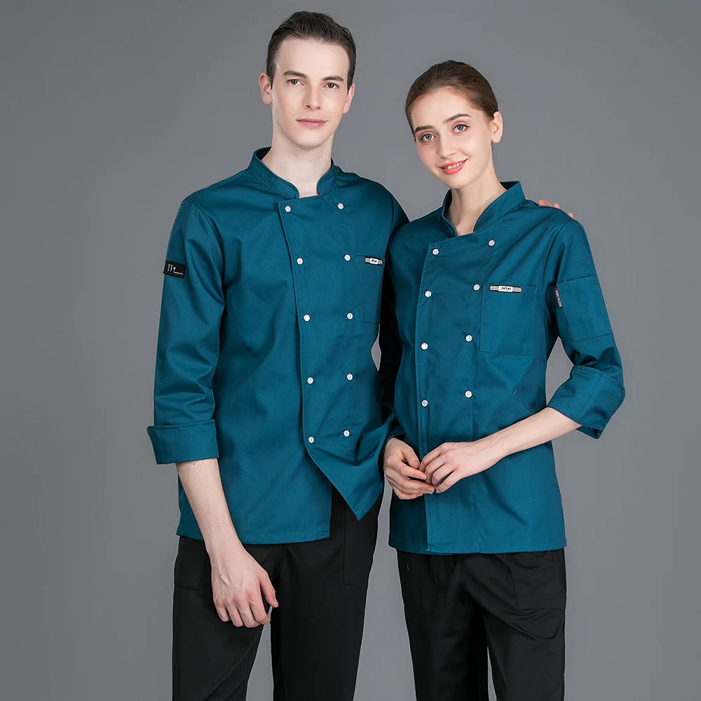 

Badge Embroidery Stand Collar Double Breasted Chef Uniform Unisex Winter Long Sleeve Chef Jacket Kitchen Restaurant Work Uniform