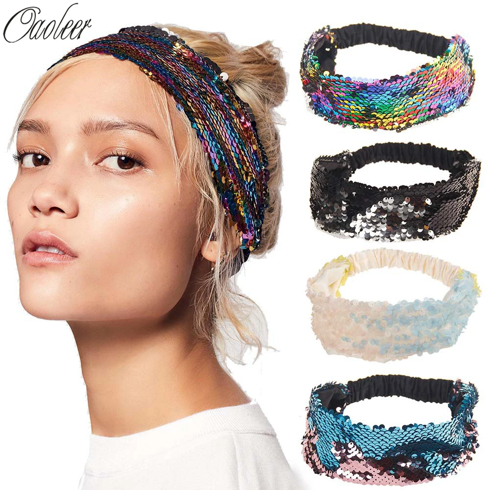 

Reversible Sequin Girls Headband Mermaid Elastic Fabric Hairband Summer Style Wide Head Band For Female Women Hair Accessories