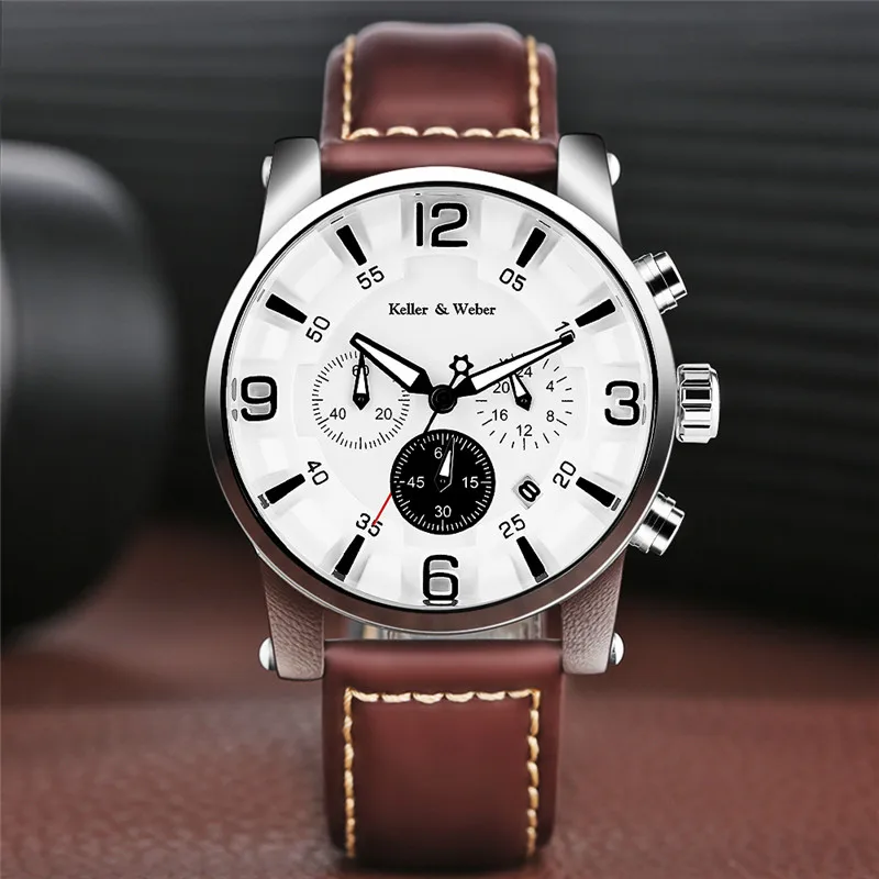 

Keller & Weber Fashion Men Stop Watch Three Sub-dials 3ATM Waterproof Chronograph Military Male Business Quartz Wristwatch Clock
