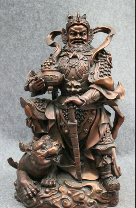 

Fast shipping USPS to USA S1773 18" Chinese Pure Bronze Warrior Emperor Lord Wealth Mammon God Ride Tiger Statue