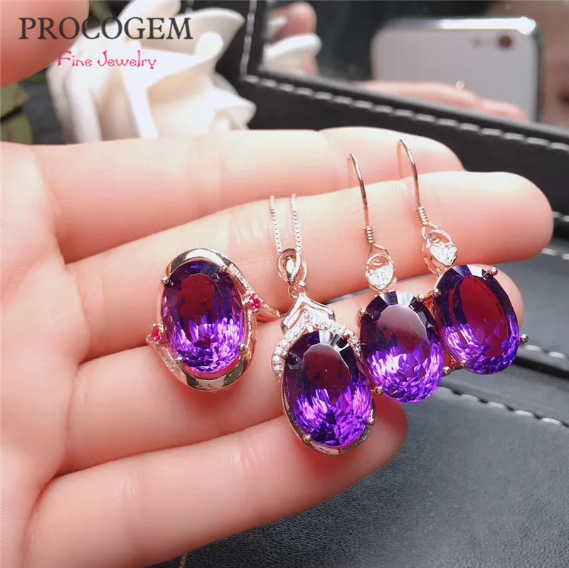 

Authentic Natural Amethyst Jewelry sets with CZ for Women Necklace Ring Earrings Real gemstones fine Jewelry S925 Silver #480