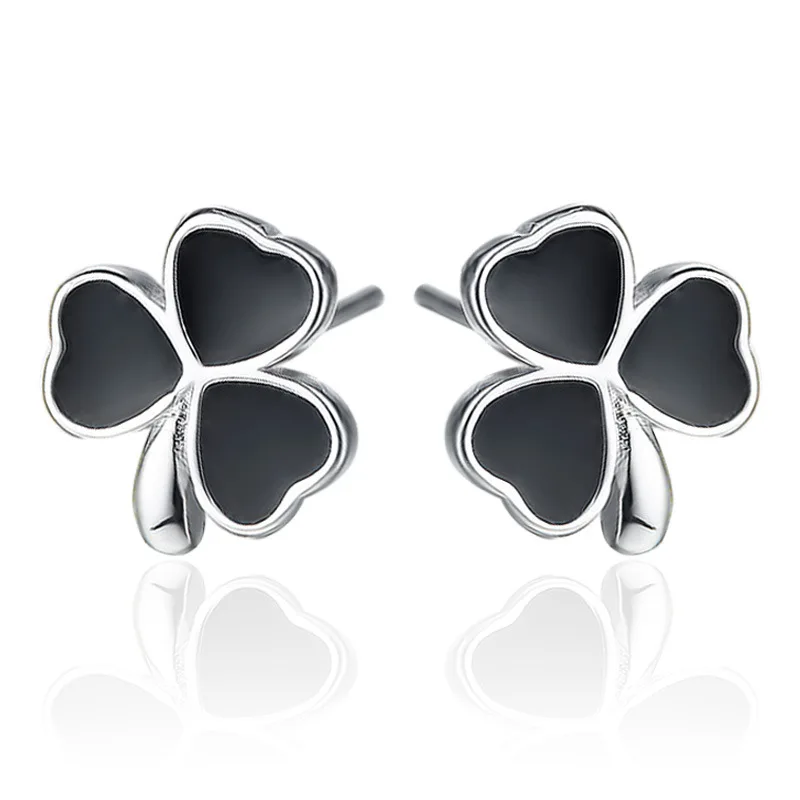 

Promotion 30% silver plated fashion black love lucky flower ladies`stud earrings jewelry Anti allergy drop shipping women girl