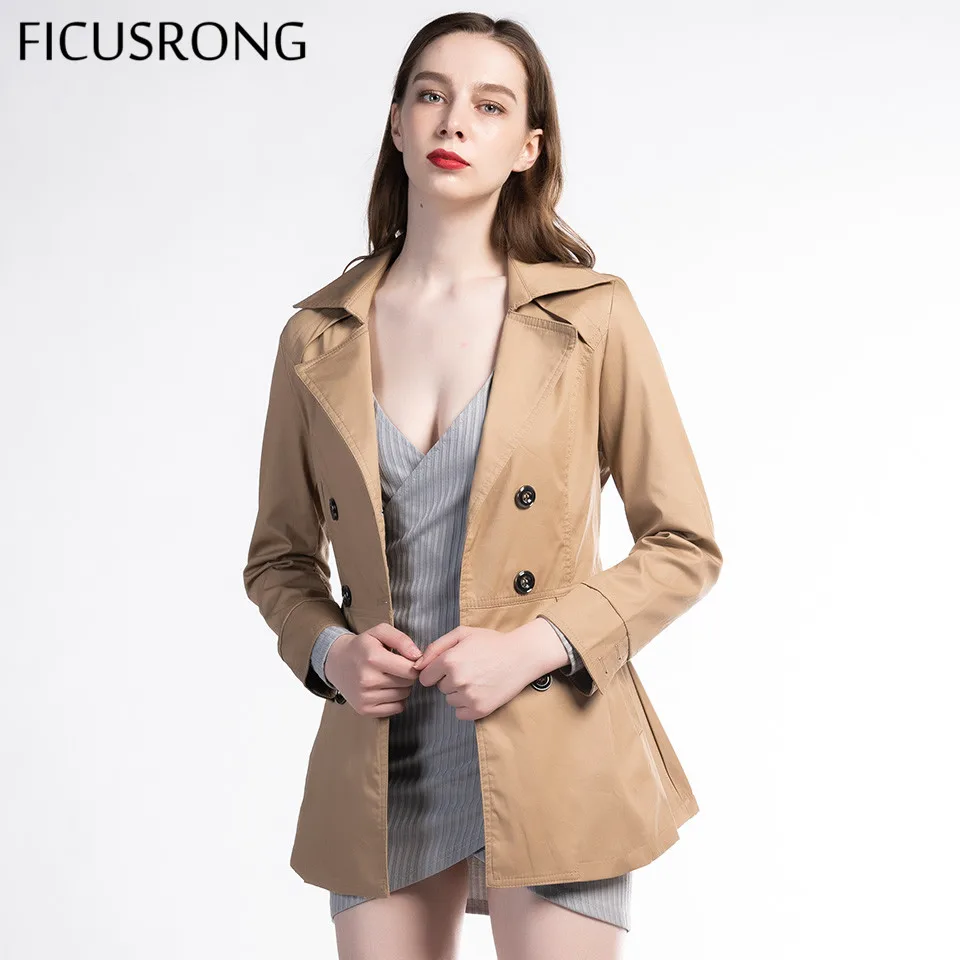 

FICUSRONG 2019 New Women Autumn Chic Coat Casual Plus Size Solid Slim Trench Turn Down Collar Double Breasted Outwear