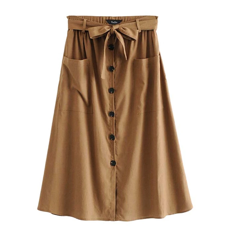 

Women Elegant Solid Pleated Midi Skirt Back Elastic Bow Tie Design Buttons Pockets Decorate Female Casual Skirts