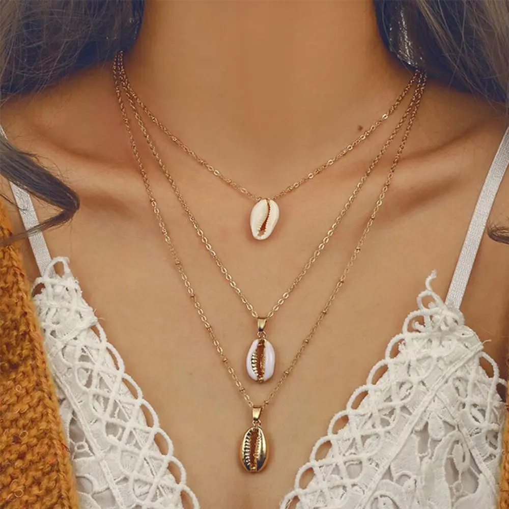 

Three Layers of Shell Pendant Necklace Natural Shell Gold For Women Best Friend Seashell Necklace Bohemian Jewelry Dropshipping