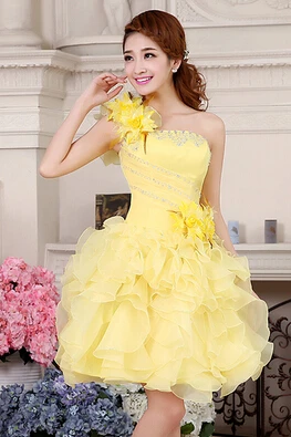Платье принцессы для женщин; цвет желтый, розовый; корсетные вечерние платья; короткие фатиновые Бальные платья на одно плечо; поступление; Модное пышное платье для девочек; W2141 - Цвет: Цвет: желтый