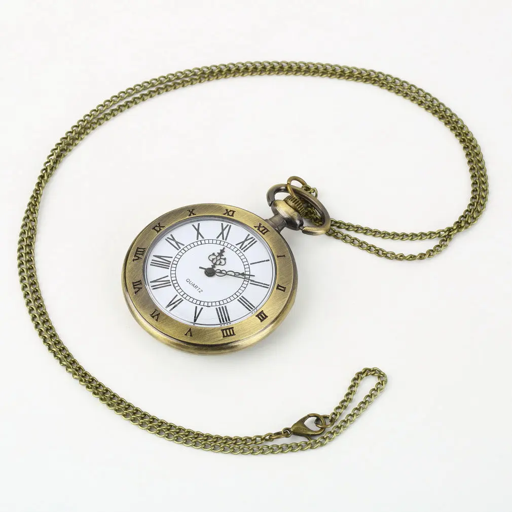 

Vintage Bronze Pocket Watch Roman Antique Numerals Chain Necklace Pendant Quartz Watches
