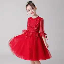 2018 осень-зима детей девочек День рождения Свадьба Первое Святое Причастие кружевное платье для детей и подростков красного цвета тюль