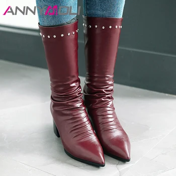 

ANNYMOLI Women Western Boots Mid Calf Boots Shoes Winter Pleated Ladies Rivets Square High Heel Boots Zip AutumnWomen Footwear