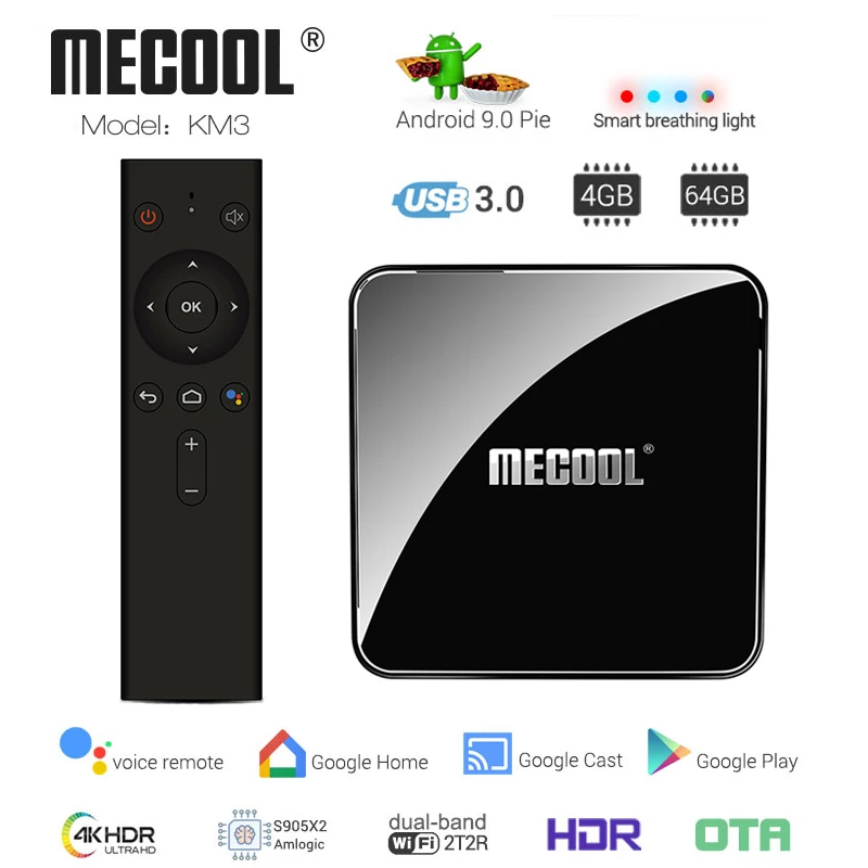 

MECOOL KM3 GOOLE CERTIFIED Android 9.0 Voice Control TV Box Amlogic S905X2 BT 4.1 Set Top Box Support 4K HD Media Player