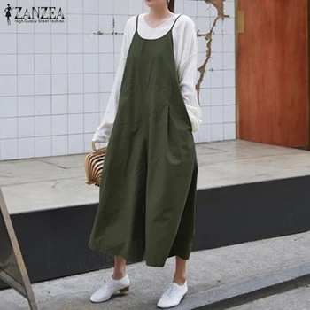 

2020 ZANZEA Summer Women Rompers Casual Strappy Sleeveless Solid Loose Jumpsuit Cotton Linen Overalls Wide Leg Pants Oversized