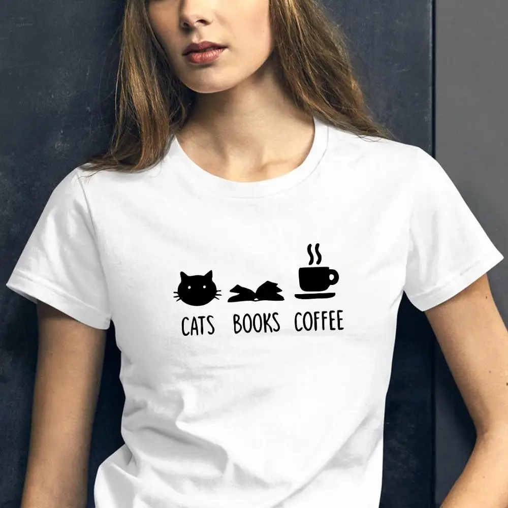 

Cats Books Coffee T Shirt Women Graphic Tees Tumblr Streetwear Cotton T-shirt Vintage Coffee Tops Cute Cat Shirt Drop Shipping