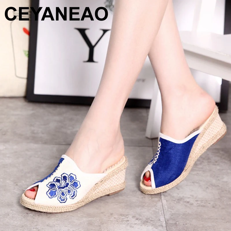 

CEYANEAO Handmade Women Open Peep Toe Linen Embroidered Wedge Slippers Summer Ladies Vintage Hemp Knitted Outside SilpperE1325