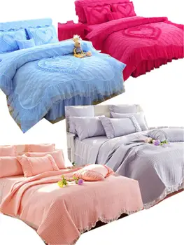 

4Pcs Luxury Cotton Lace Throw Blanket Bedspread King/Queen size Pink/Green Princess Girls Bed skirt Bedsheet Pillowcase