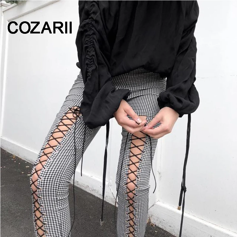 

COZARII 2018 Plaid Cotton With High Waist Pants Women Autumn New Hollow Out Skinny Sexy Trousers Bandage Long Casual Women Pants