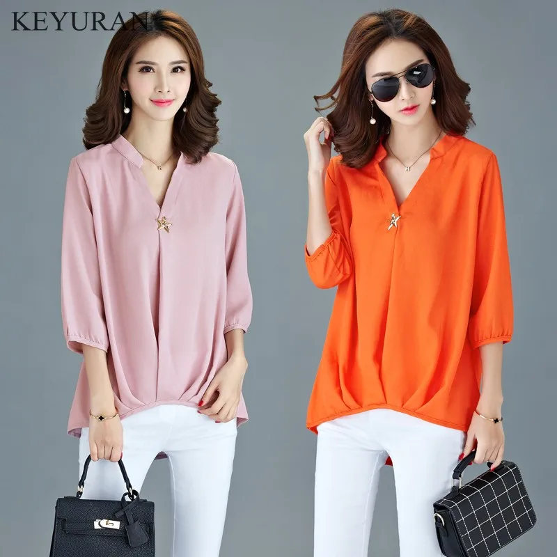 

Plus size M-5XL Casual Trend t Shirt Women V-Neck Chiffon Tops Female 2019 Spring Summer Korean Ladies Office Shirts