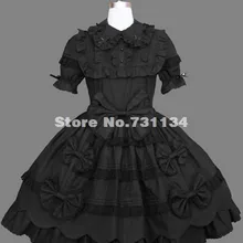 Черный хлопок Готическая Лолита платье с Рубашка с короткими рукавами и бантом