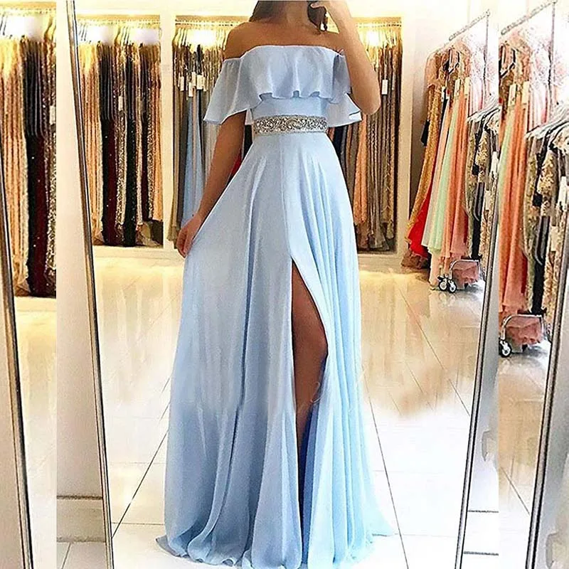 

Sexy Straples Light Blue Sleeves Evening Dresses Long 2018 Chiffon with Lace A-line Prom Dress Women Party Gowns robe de soiree