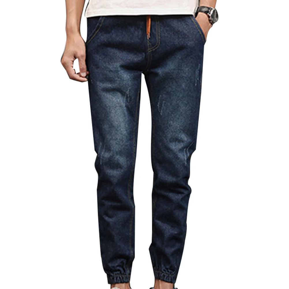 Plus Size Fashion Casual Comfy Men Jogger Stretch Drawstring Elastic Waist Fit Denim Long Pants Jeans 2