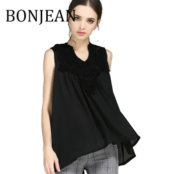 

BONJEAN Lace Patchwork T Shirt for Women 2019 Summer Tops and Tees Sleeveless Chiffon Shirt Loose Black Tank Shirt BJ1446