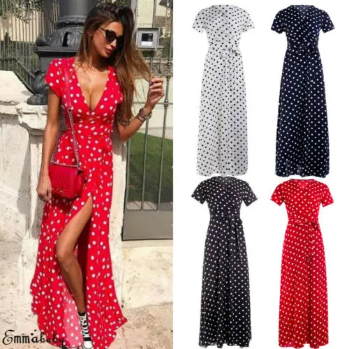 

Women Polka Dot Maxi Dress V Neck High Waist Lace Up Long club Dresses High Split Dress Plus Size
