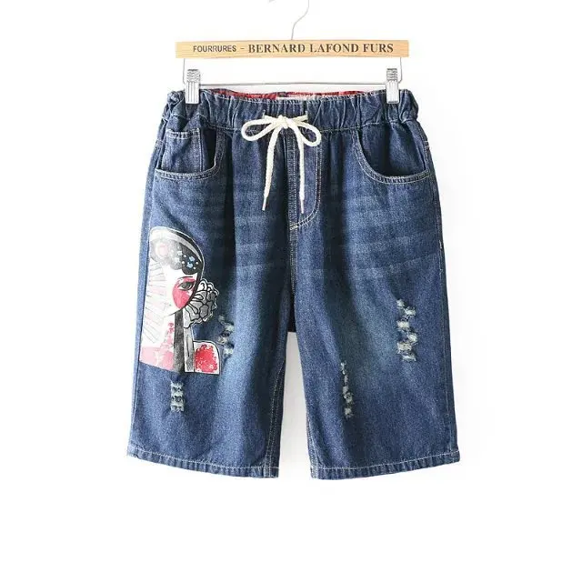 

2017 Spring Summer New Vintage National Wind Peking Opera Face Printing Washed Cowboy Large Size Women's Jeans Five Points Pants