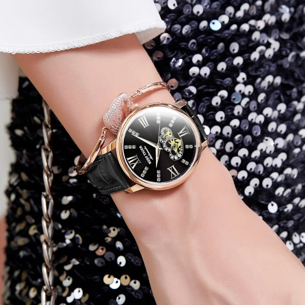 US $177.45 2021 New Reef TigerRT Luxury Fashion Lady Watches Black Dial Diamond Watch Genuine Leather Strap Montre Femme RGA1580