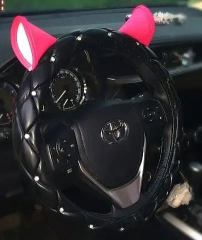 Милые уши дизайн кожаный чехол на руль шипованные Стразы покрытый розовый чехол рулевого колеса автомобиля для девочек - Название цвета: Black with Pink