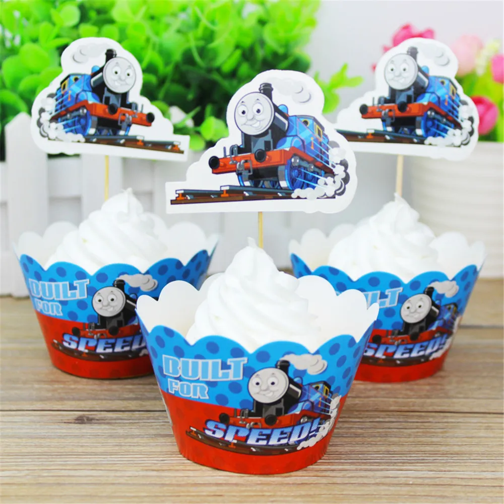 

24pcs Thomas Card Cupcake Inserts Cake Dessert Inserted Card Toppers Cartoon Decoration Card Birthday For Kids Party Supplies