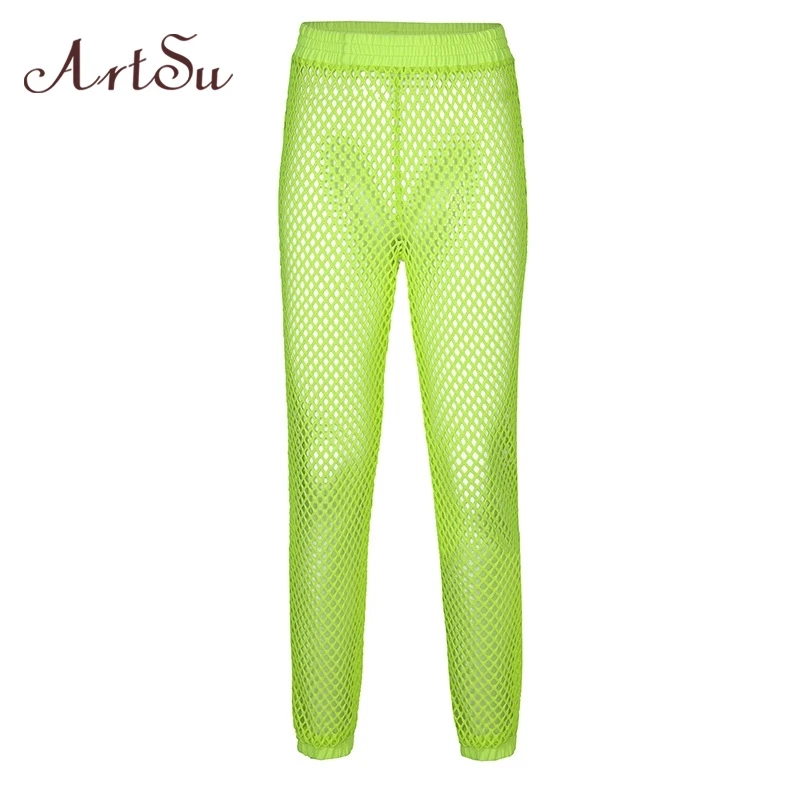 

ArtSu Neon Yellow Mesh Pants Women Fishnet Sexy Pants Elastic High Waist Trousers Ladies See Through Summer Beach ASPA20211