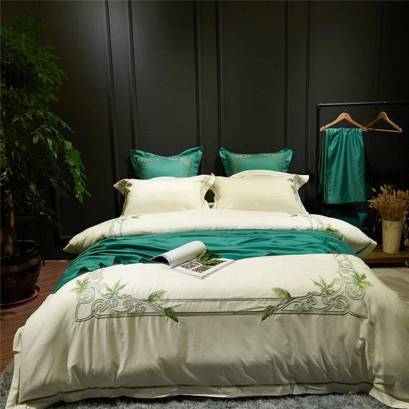 

Egyptian cotton delicate Embroidered Leaves pattern Blue white Bedding Sets Bed Sheet Queen King size 4/6pcs
