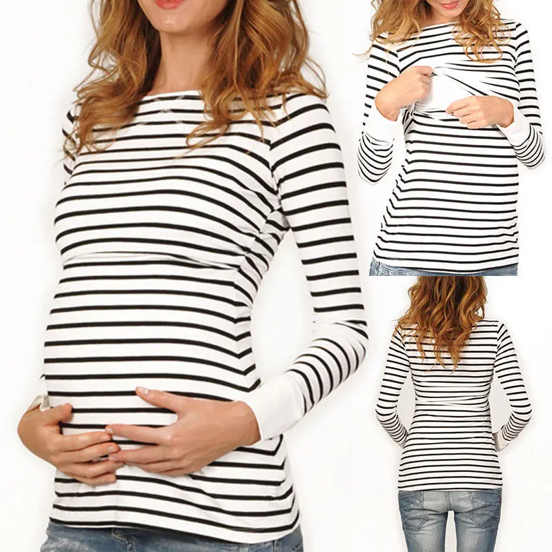 2019 Women Casual Maternity Pregnant Clothes Nursing Top Long Sleeved Stripe Maternity T Shirts Female Breastfeeding Clothing