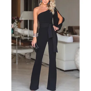 

Women New Fashion Stylish Office Lady Solid Party Elegant Jumpsuit Stylish One Shoulder Slit Sleeve Casual Summer Jumpsuit