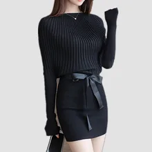 

New Women Sweater Dress Autumn Slim Batwing Sleeve Bodycon Dresses Elastic Dress Brief Black Knitted Dress vestidos with belt
