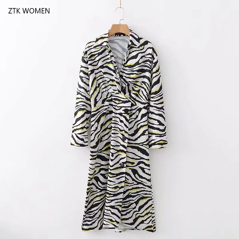 

ZTK Women Autumn Sexy Zebra Print Long Sleeve Black and white Stripe button shirtDress Ladies Casual sexy Empire Mididresses