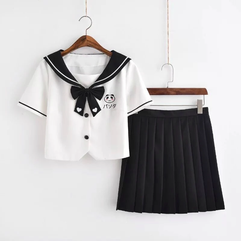 Японская форма JK, костюм для женщин, мягкая, для девушек, с вышивкой милой панды, костюм моряка, с короткими рукавами, рубашка+ плиссированная юбка