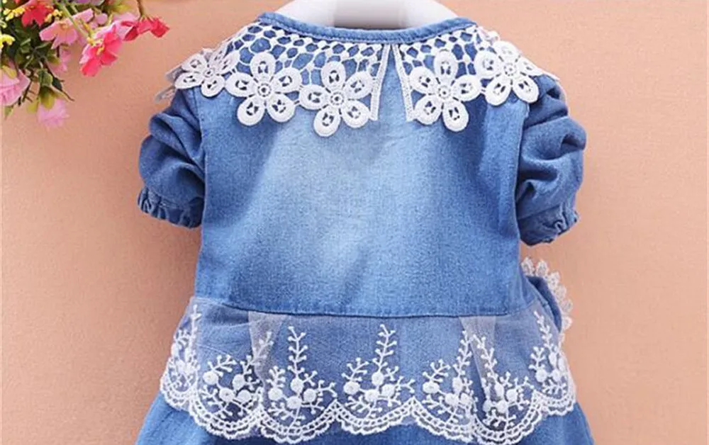 Roupa Infantil Menina/кружевное джинсовое платье принцессы с длинными рукавами и бантом для маленьких девочек; наряды; платья для девочек; повседневная детская одежда;# sg