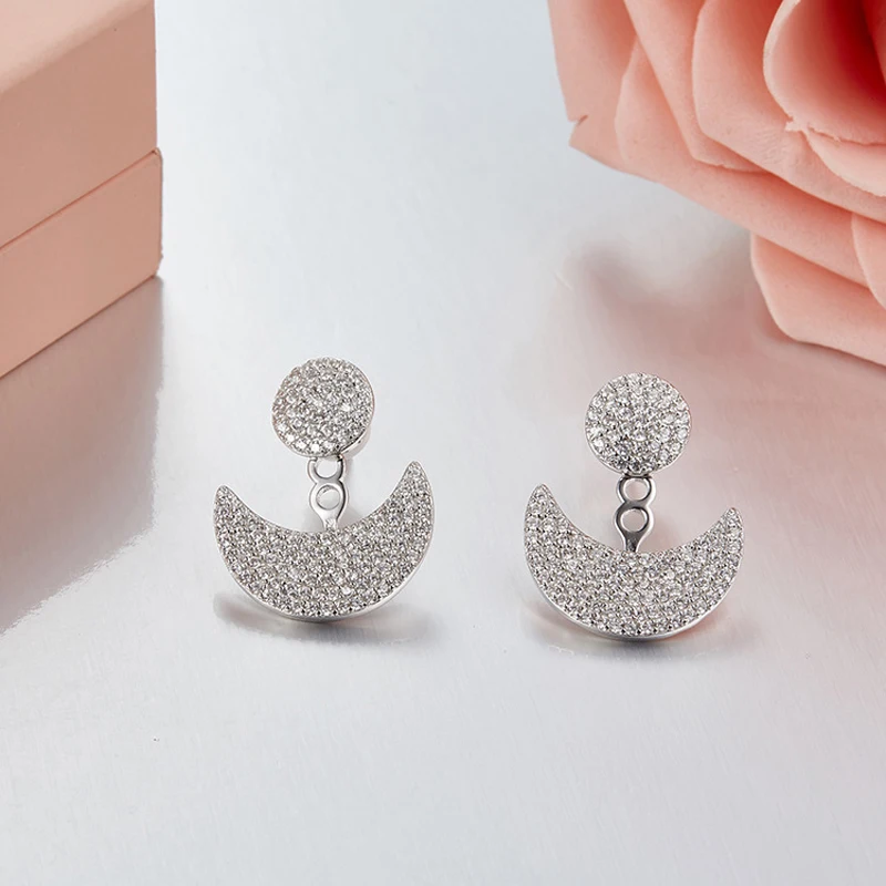 

[MeiBaPJ]Real 925 Sterling Silver Simple Colour Curved Moon Earrings for Women with AAA High Quality Stone Fine Jewelry