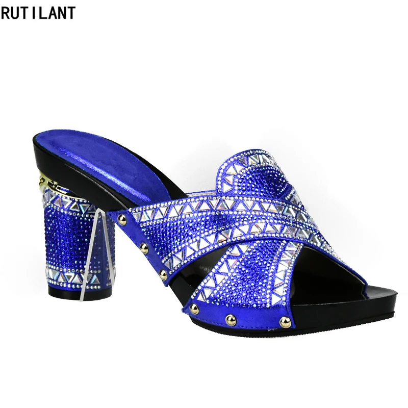 

High Quality Royal Blue Italian Wedding Women Shoe Decorated with Rhinestone African Party Shoes for Women Nigerian Women Shoes