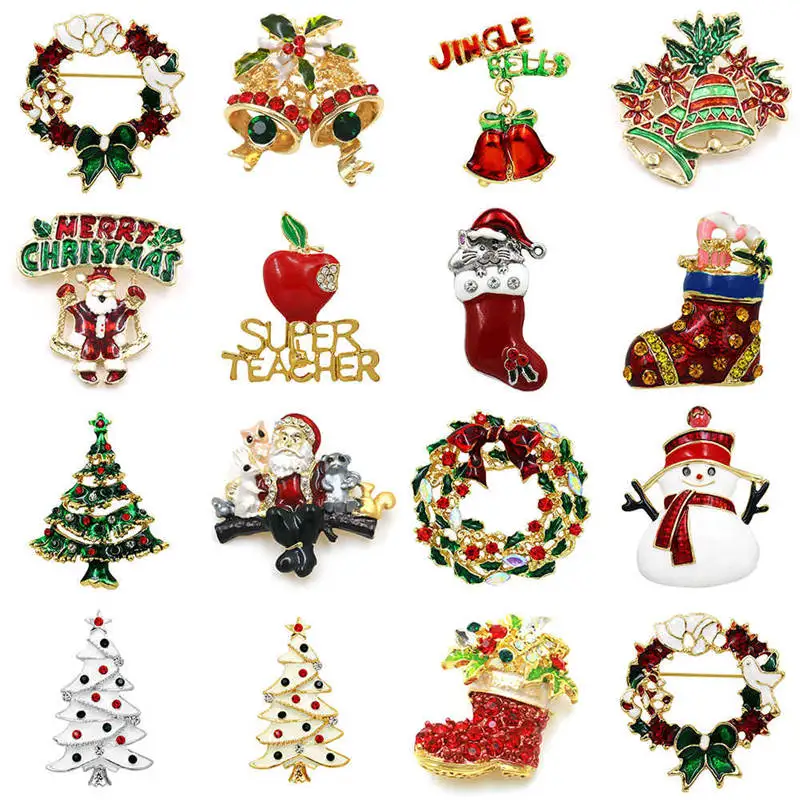 

Enamel Snowman Santa Tree Brooch Pin Christmas Gifts Jingle Bell Boots Brooches Charm Crystal Christmas Gift Freeshipping