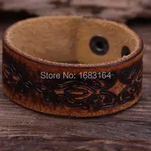 G89 желтый винтажный цветочный тисненый качественный кожаный браслет с широкими манжетами мужские